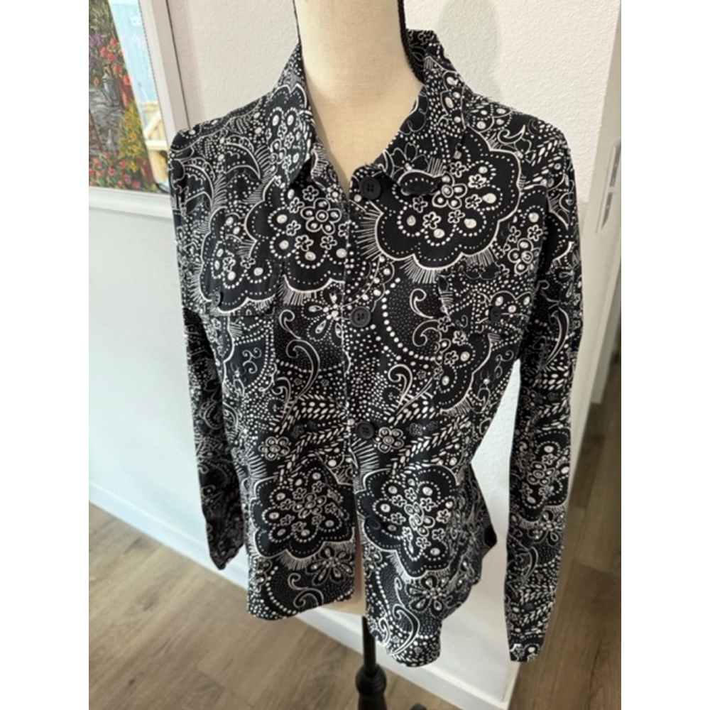 Joanna Button Blazer Black White Paisley Rhinestone Embellishment Size M